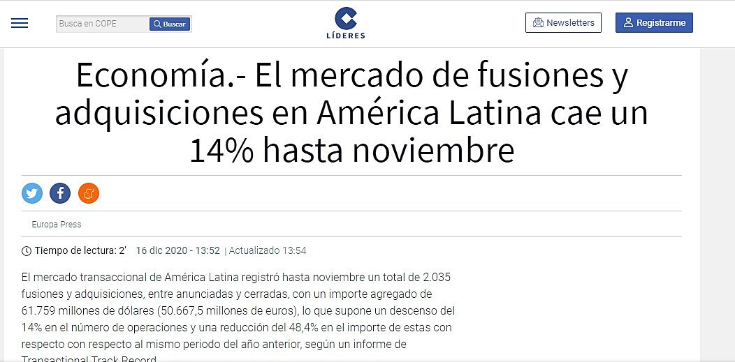 El mercado de fusiones y adquisiciones en Amrica Latina cae un 14% hasta noviembre